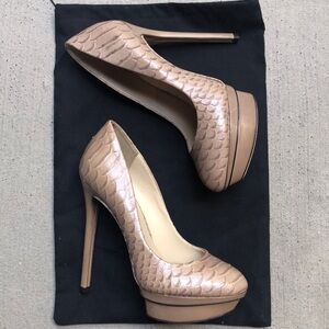 B Brian Atwood - Taupe Snakeskin Print Leather Platform Heels - Size 6.5